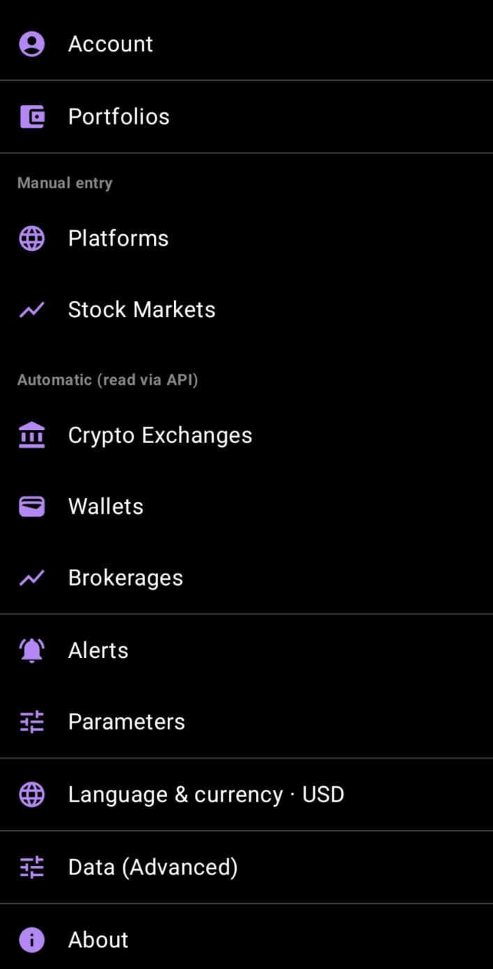 FolioSum settings screen listing manual entry and automatic API sources